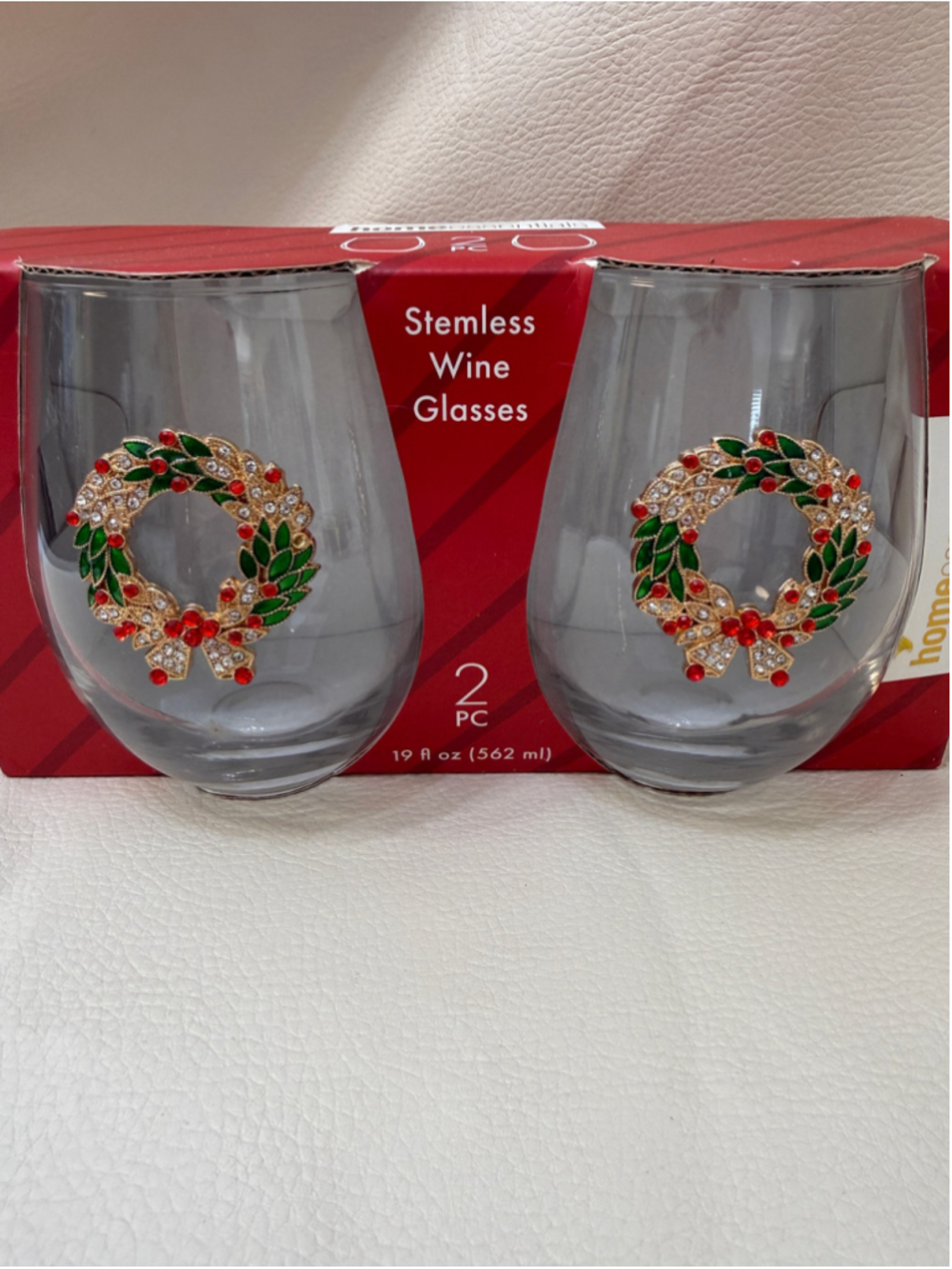 Home Essentials Christmas Wreath Stemless Wine Glasses Set of 2 Jeweled 19 oz